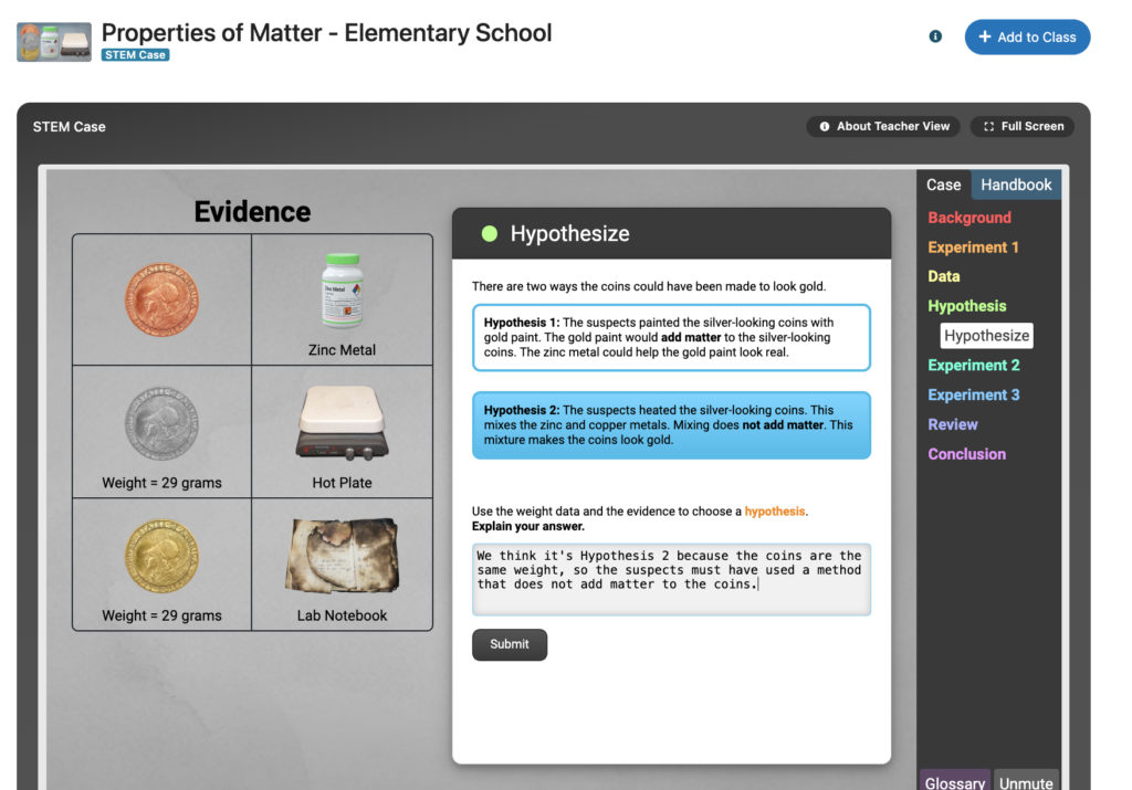 Image of a properties of matter experiment including a box where a student has typed in their hypothesis